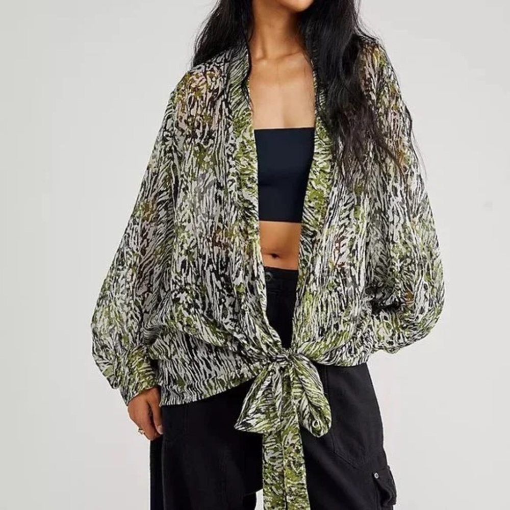 Free People Abstract Zebra Print Tie Front Top
